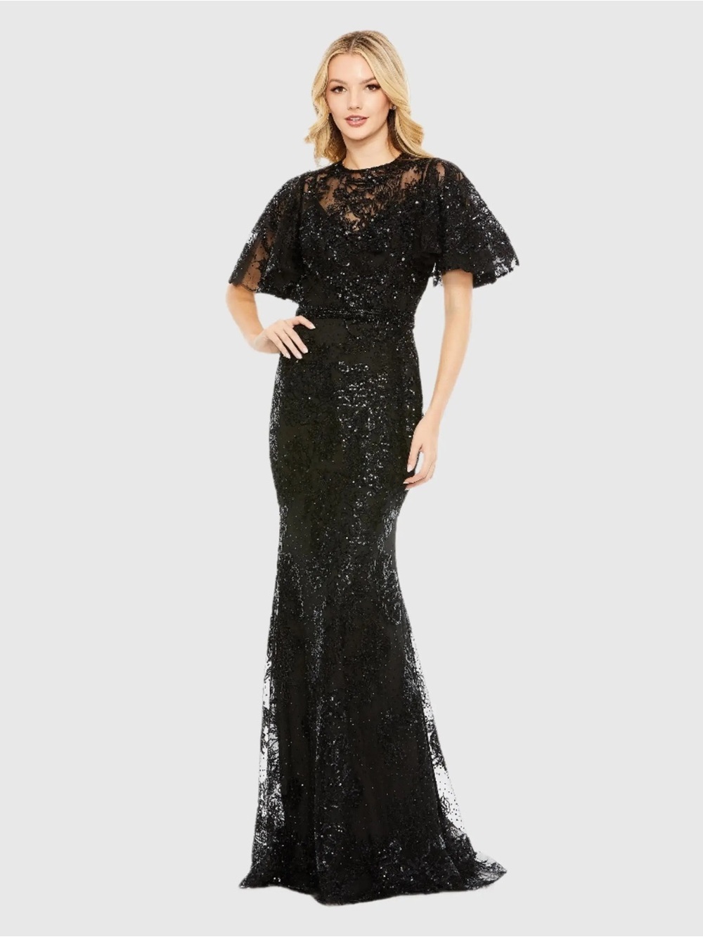 Mac Duggal 20438 NWT Black Embellished Flutter Sleeve High Neck Gown